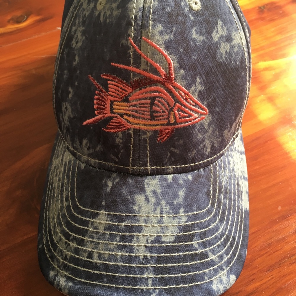 Blue camouflage hat, embroidered hogfish design